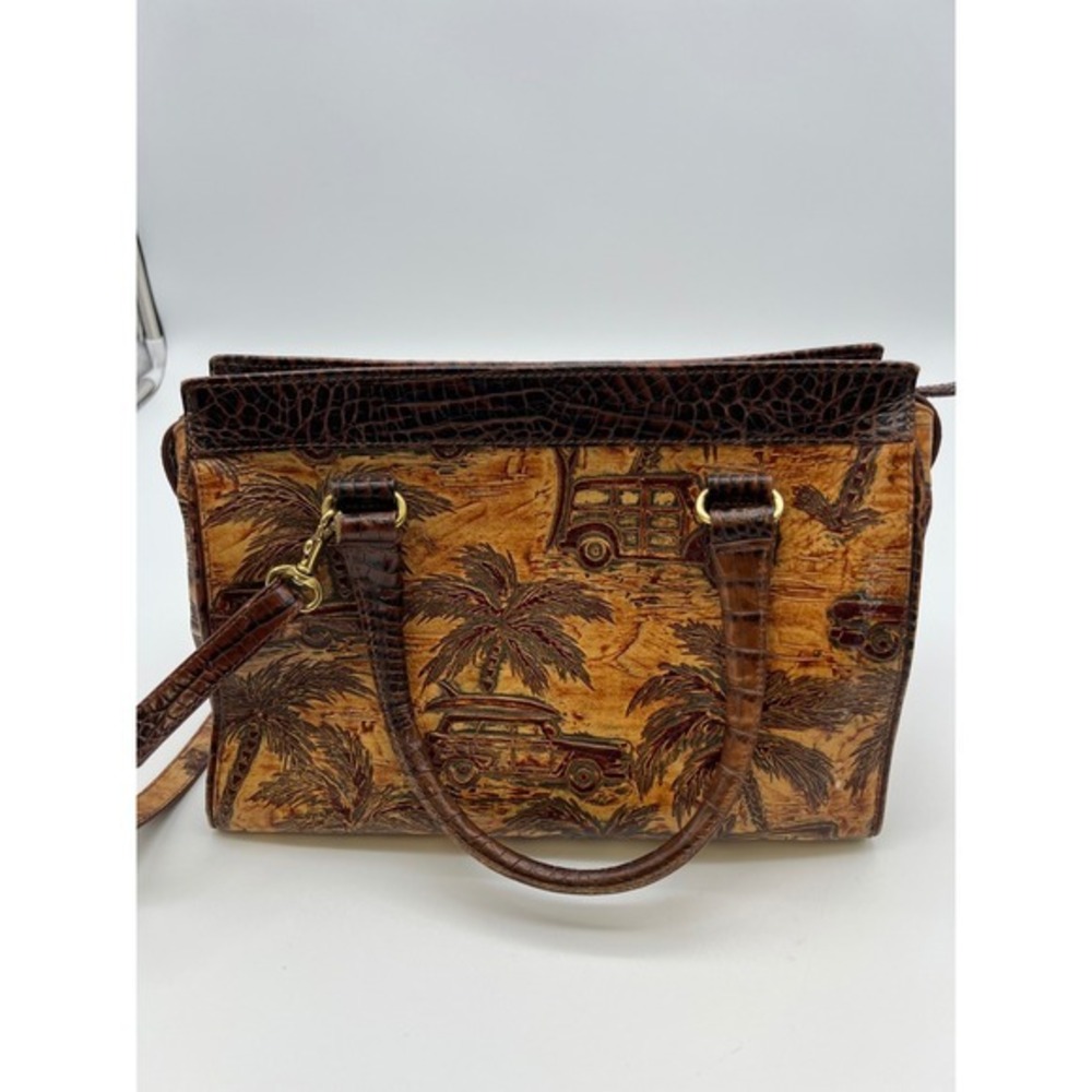 Brahmin Tan & Dark Brown Palm Tree Embossed Satchel